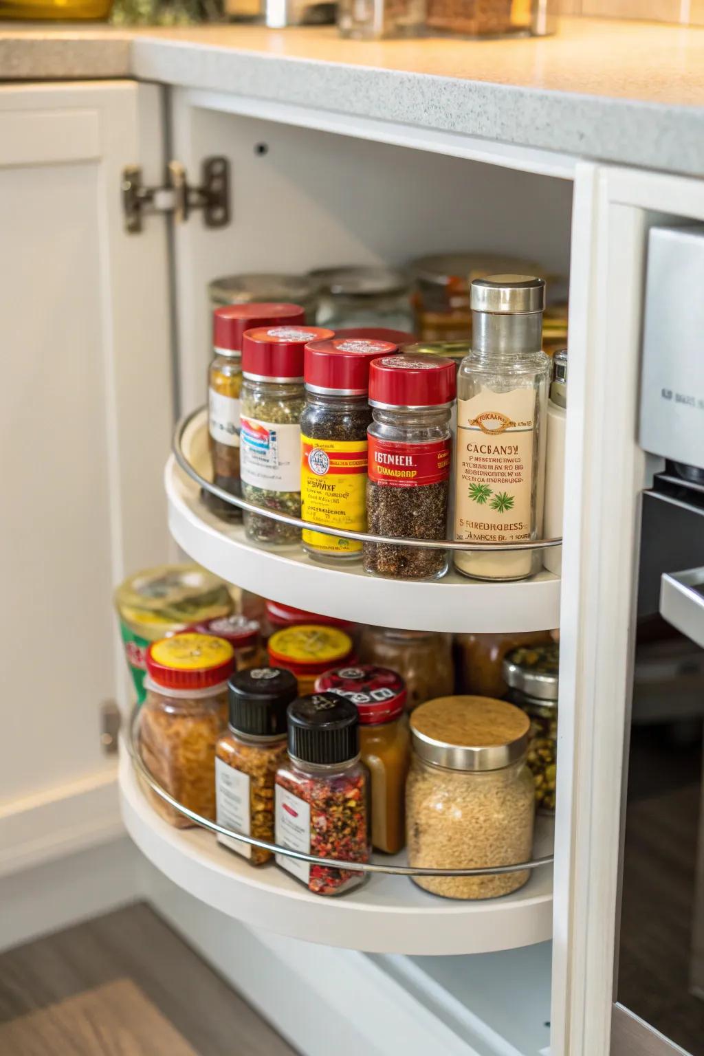 A Lazy Susan offers effortless access and tidy arrangement to kitchen corners.