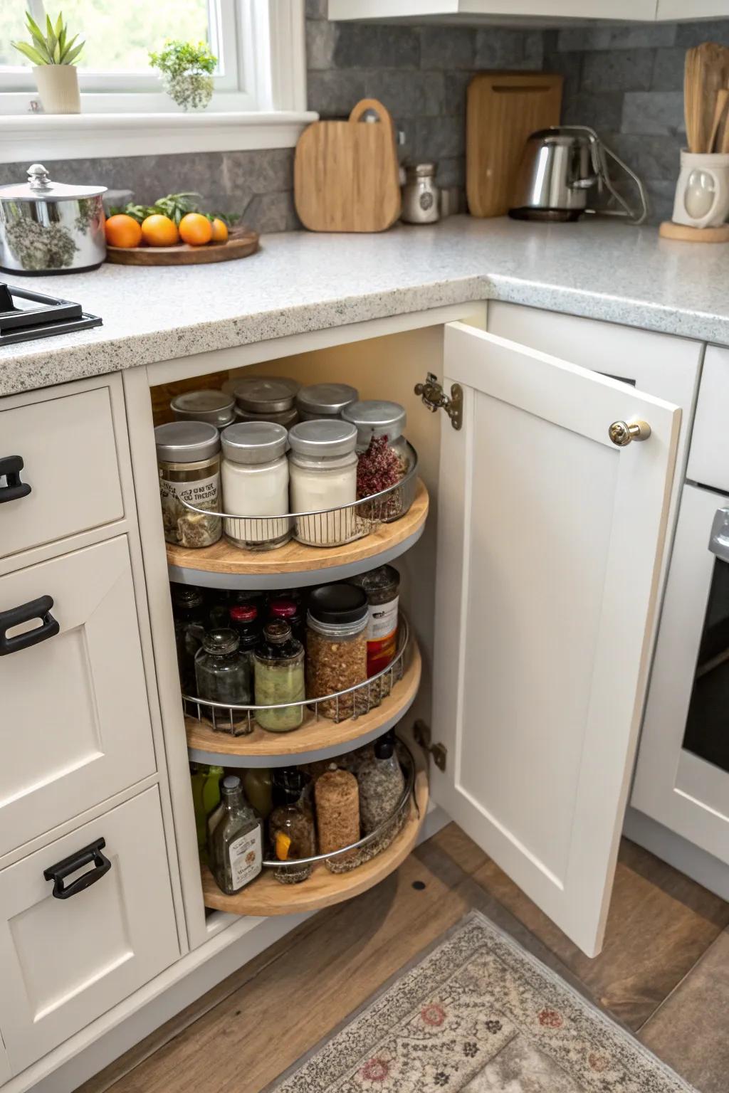 A Magic Spinner enhances storage and access in corner cabinets.