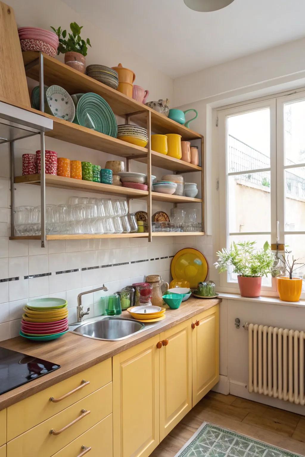 Open shelving adds both functionality and flair to small kitchens.