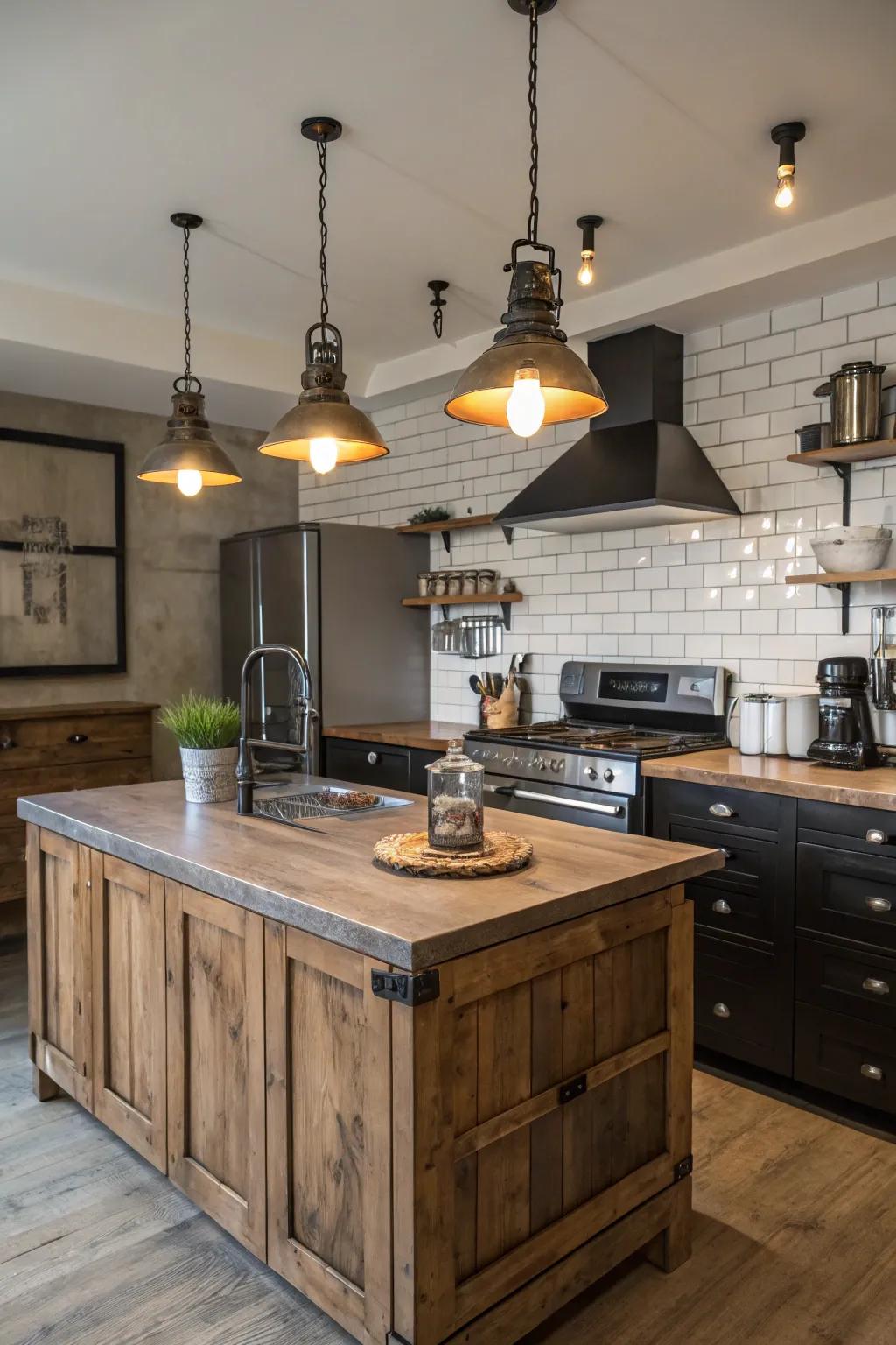 Industrial pendant lights add a rustic charm to your kitchen island.