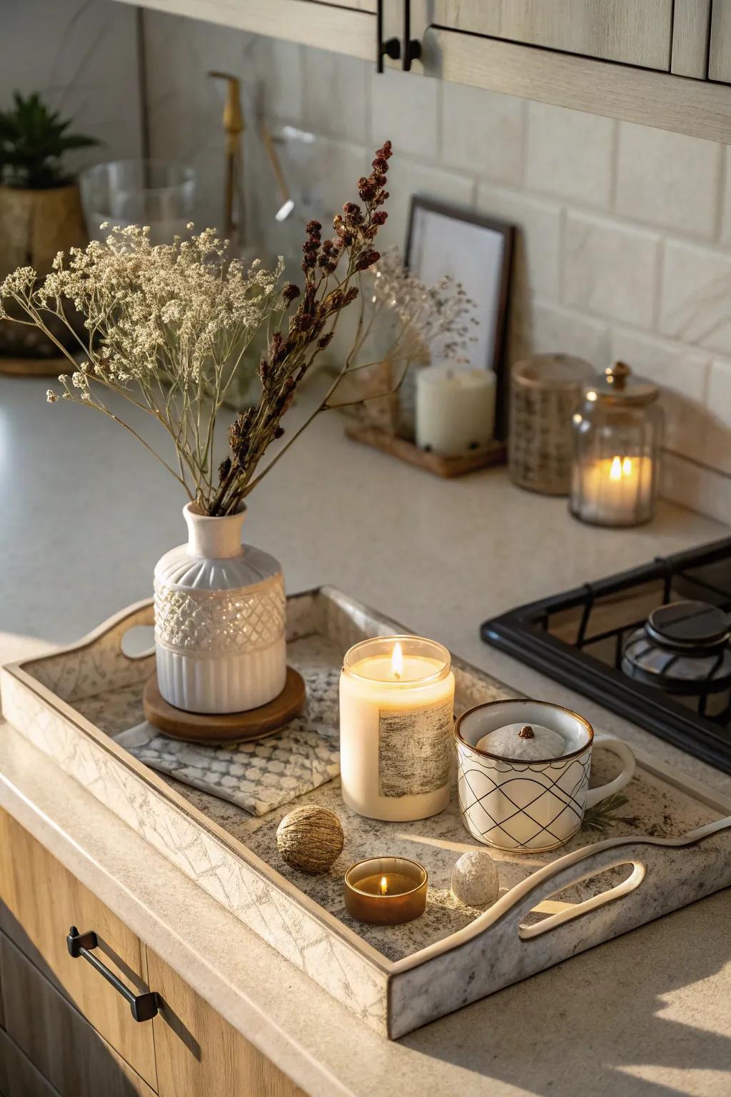 Use a tray to group decorative items neatly on your kitchen counter.