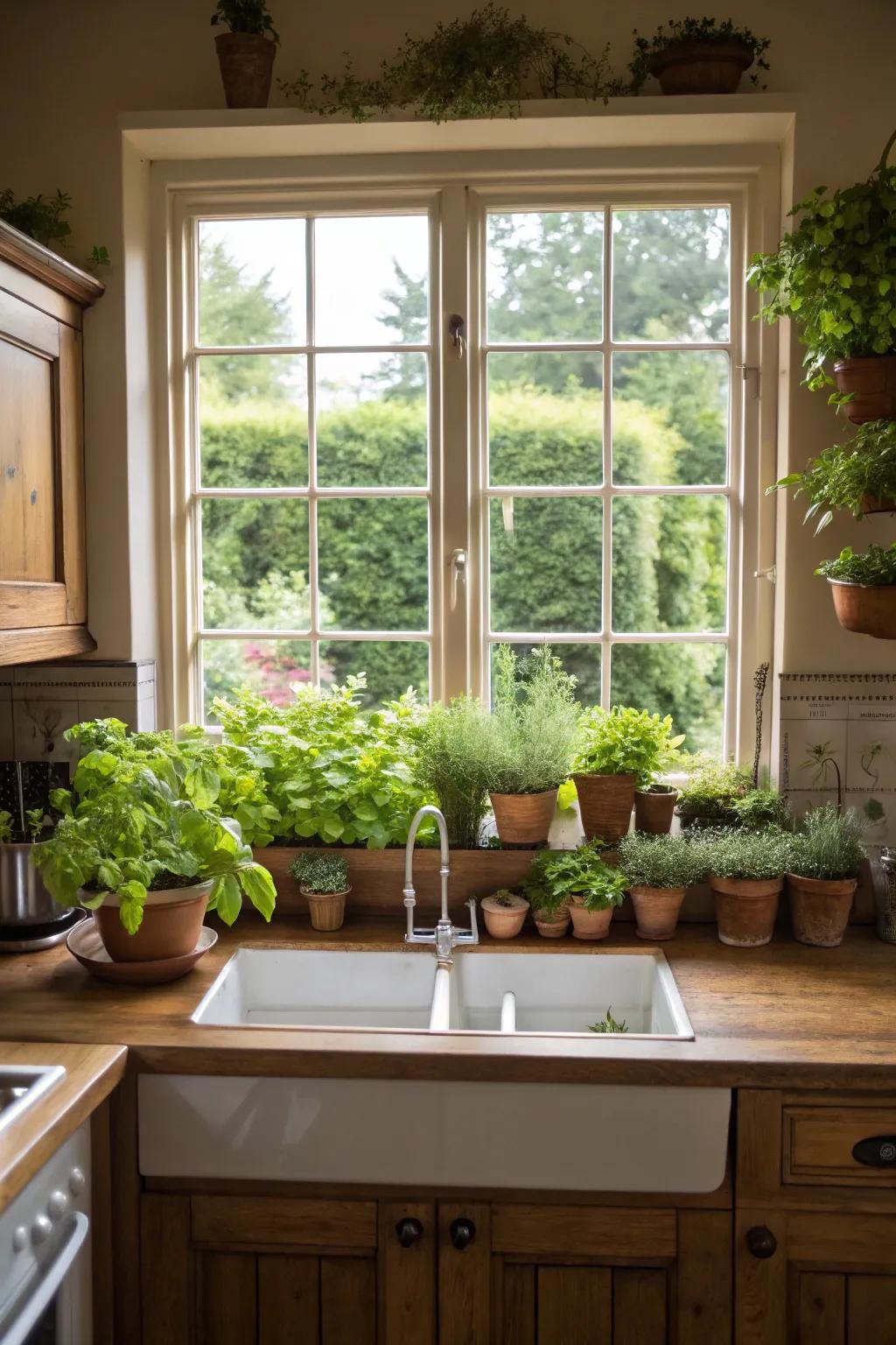 A garden window in a kitchen, brimming with vibrant herbs.