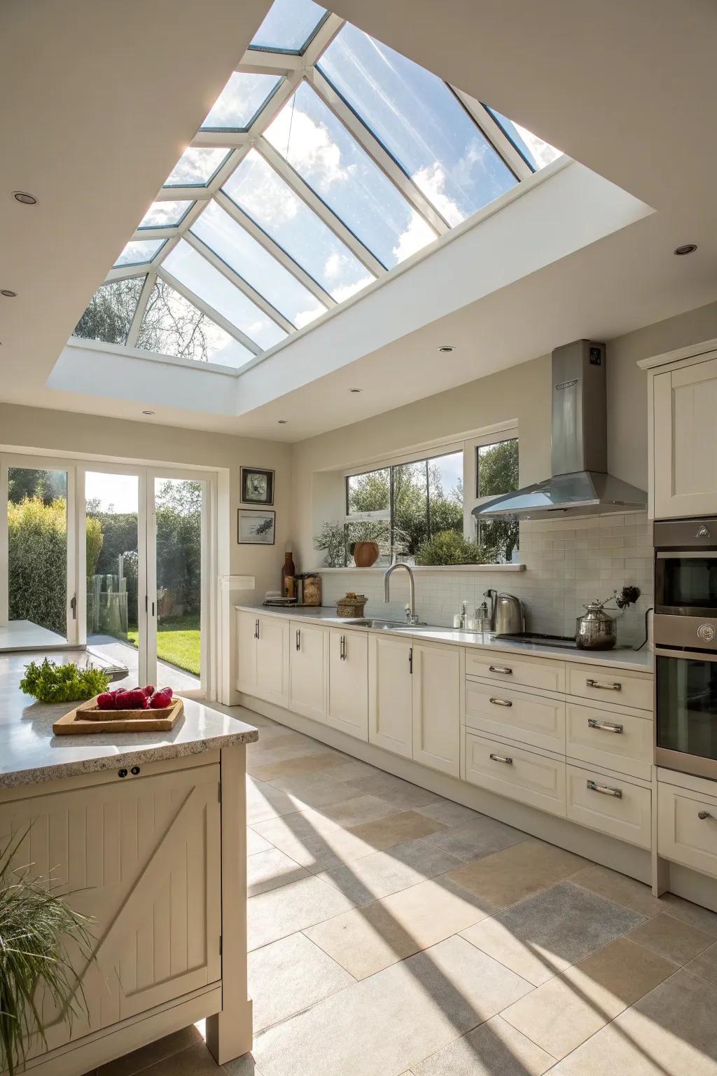 A skylight brings abundant natural light into this kitchen, creating a welcoming atmosphere.