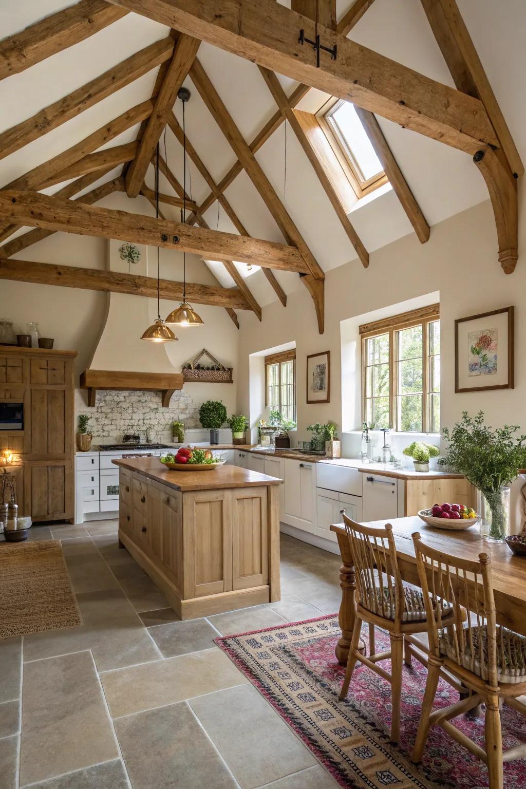 Exposed wood rafters bring a touch of rustic elegance to this kitchen with a vaulted ceiling.