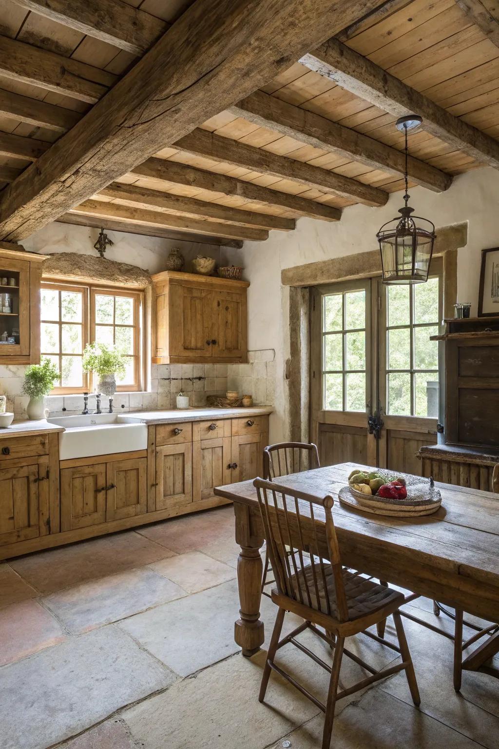 Exposed beams add character and warmth to this high-ceilinged kitchen.