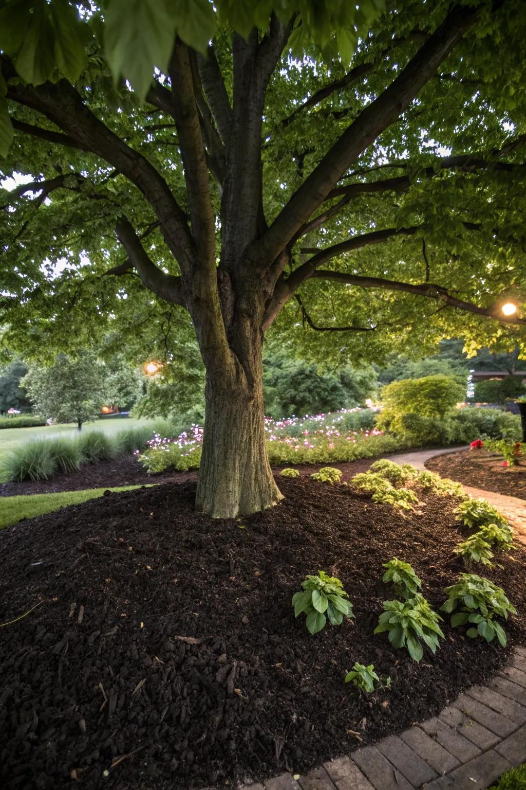 Mulch provides both protection and aesthetic appeal around trees.