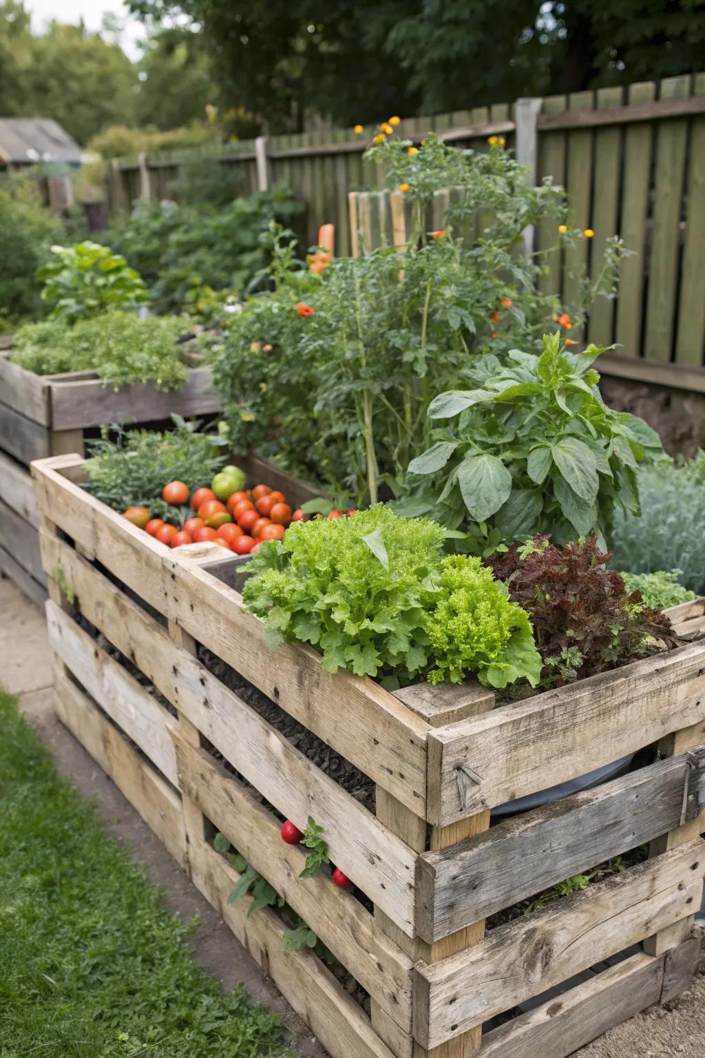 Wood pallets make charming and cost-effective raised beds for your garden.