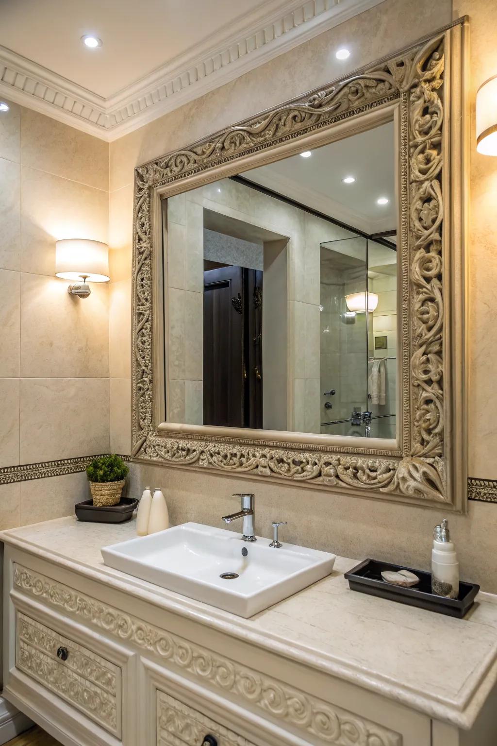 A beautifully framed mirror can add sophistication to your bathroom.