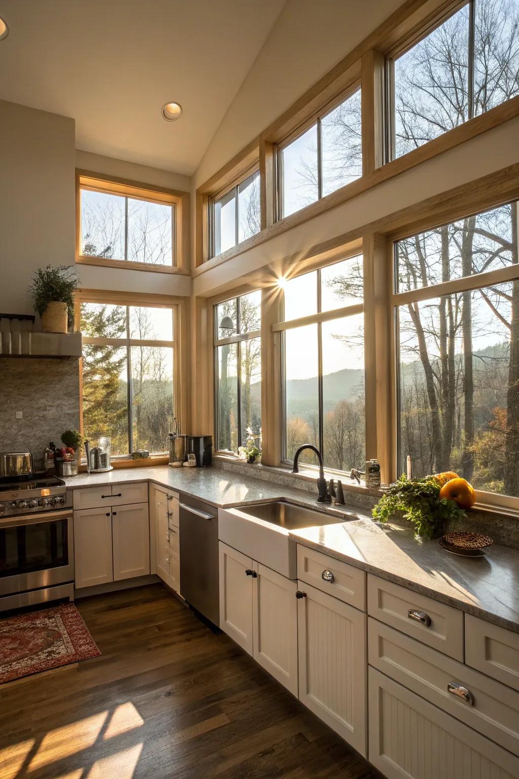 Sunny mornings with floor-to-ceiling windows.