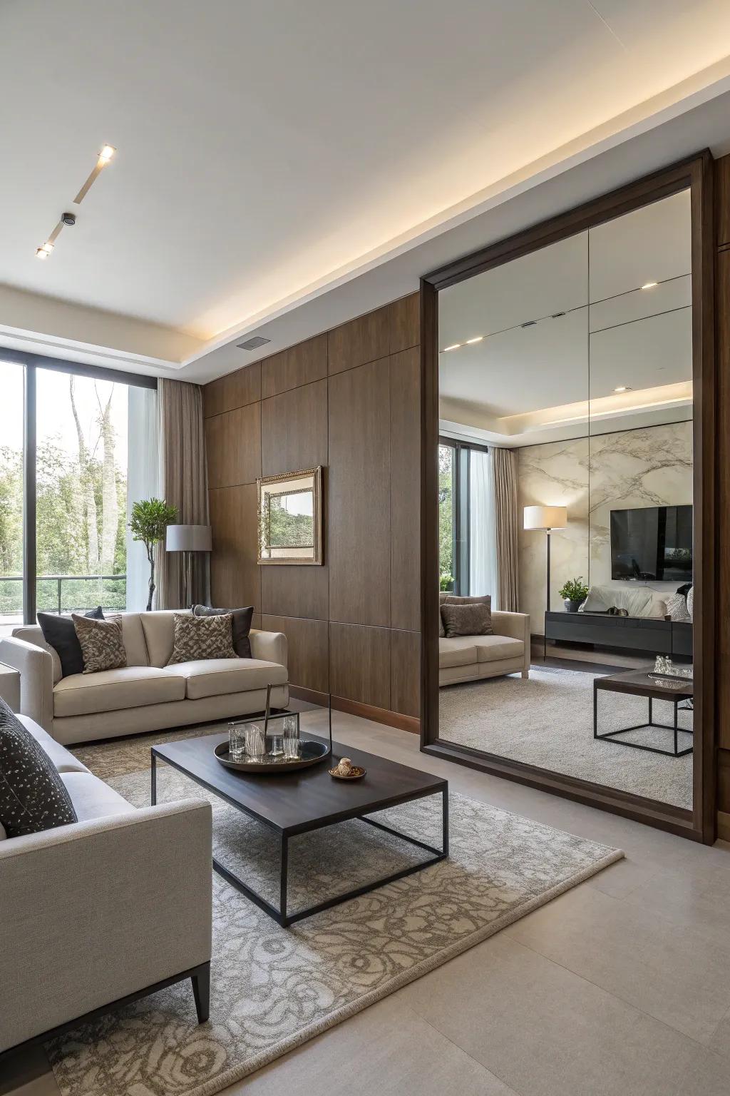 A wide wall mirror creates the illusion of added space in this elegant living space.