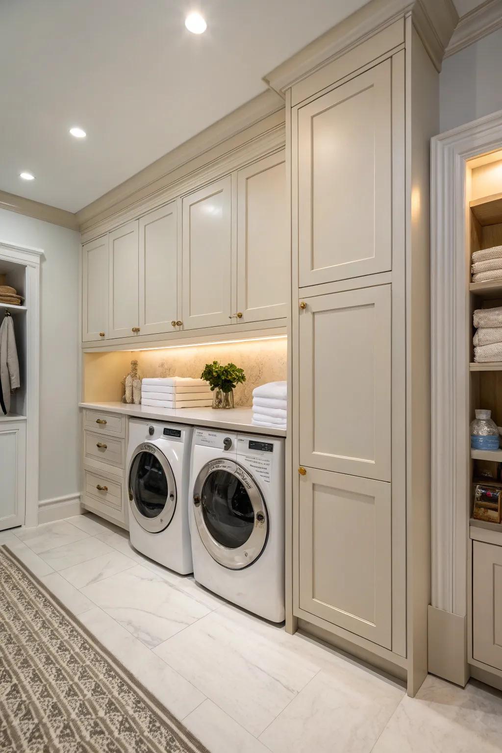 Paneled cabinets bring elegance and conceal laundry appliances effortlessly.