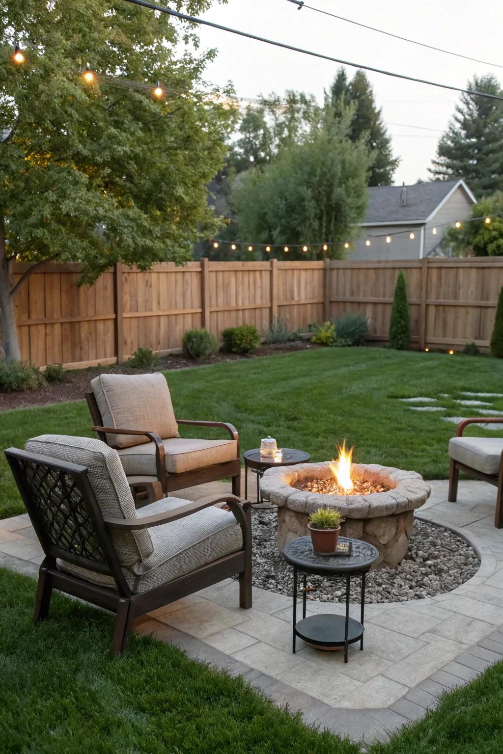 An attractive outdoor living space featuring seats and a fire pit, creating an ideal social area.