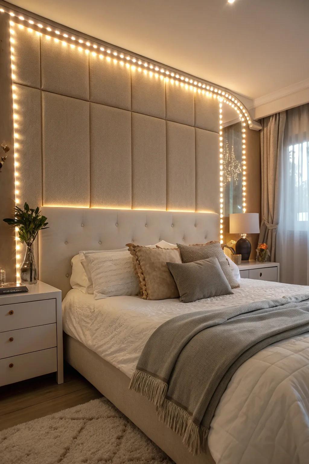 A dreamy bedroom setup with LED light strips behind the headboard.