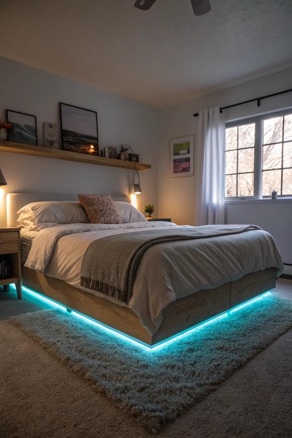 Under-bed LED lighting adds a calming glow to your bedroom.