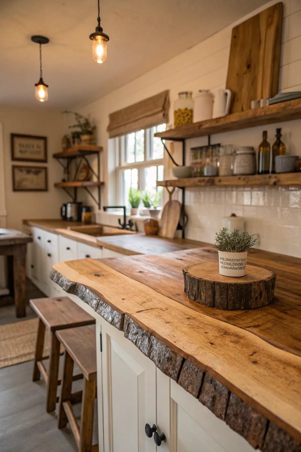 A kitchen where the natural wood texture of a live edge countertop takes center stage.