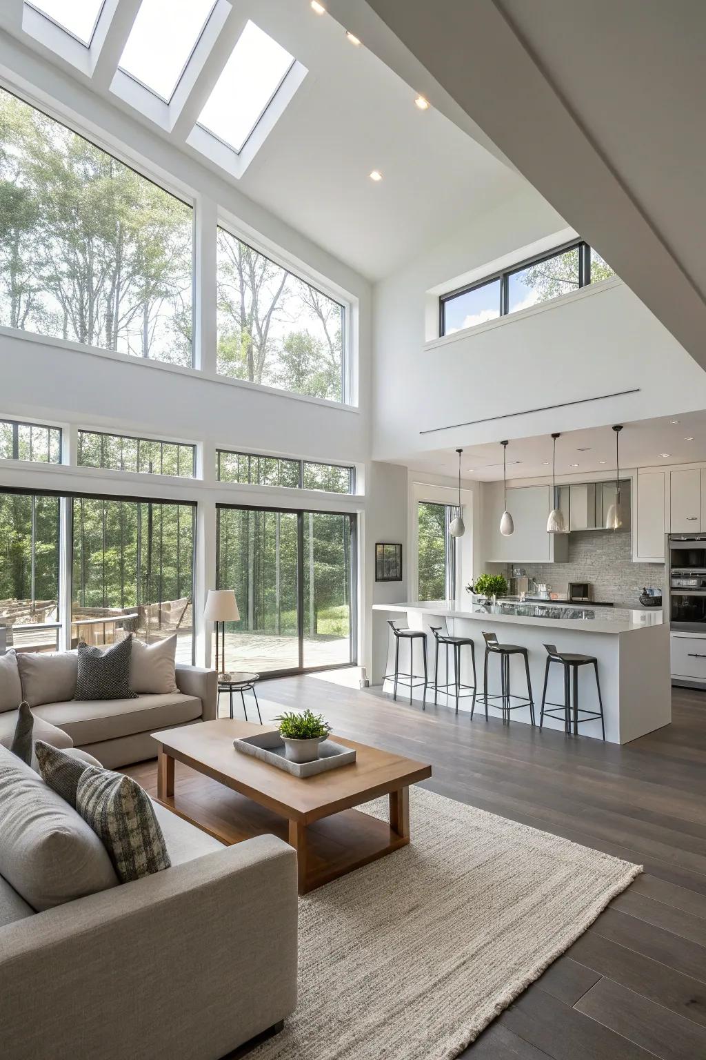 A spacious setup that effortlessly integrates the sitting room and cooking spaces.