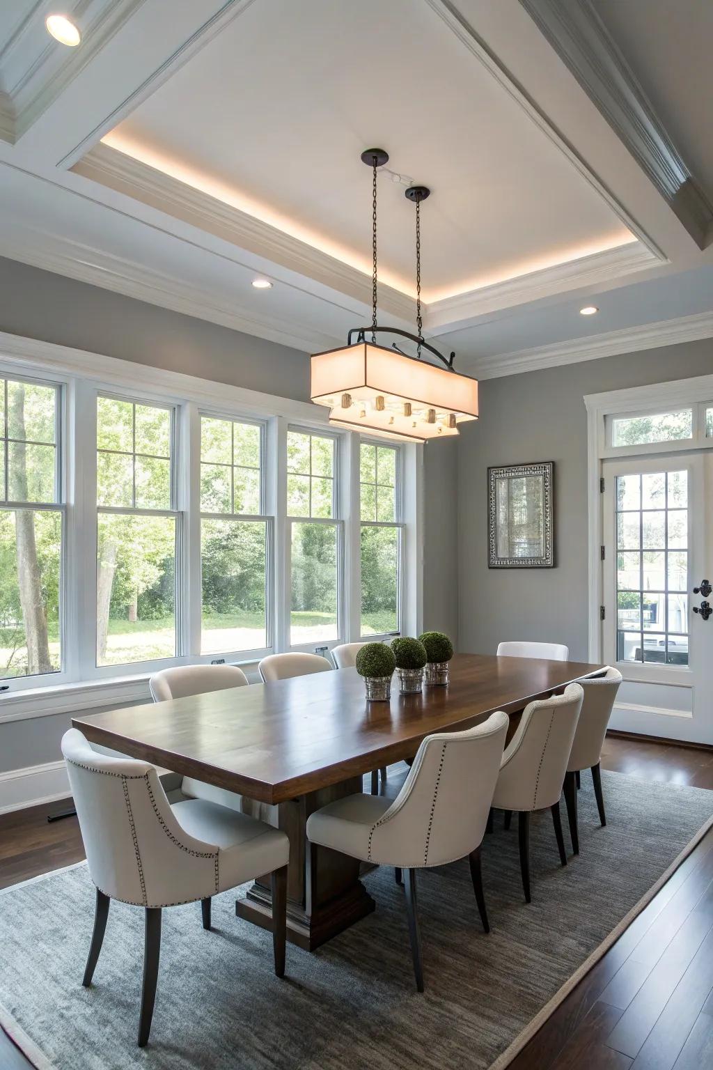 A modern dining room featuring a flush mount ceiling light.