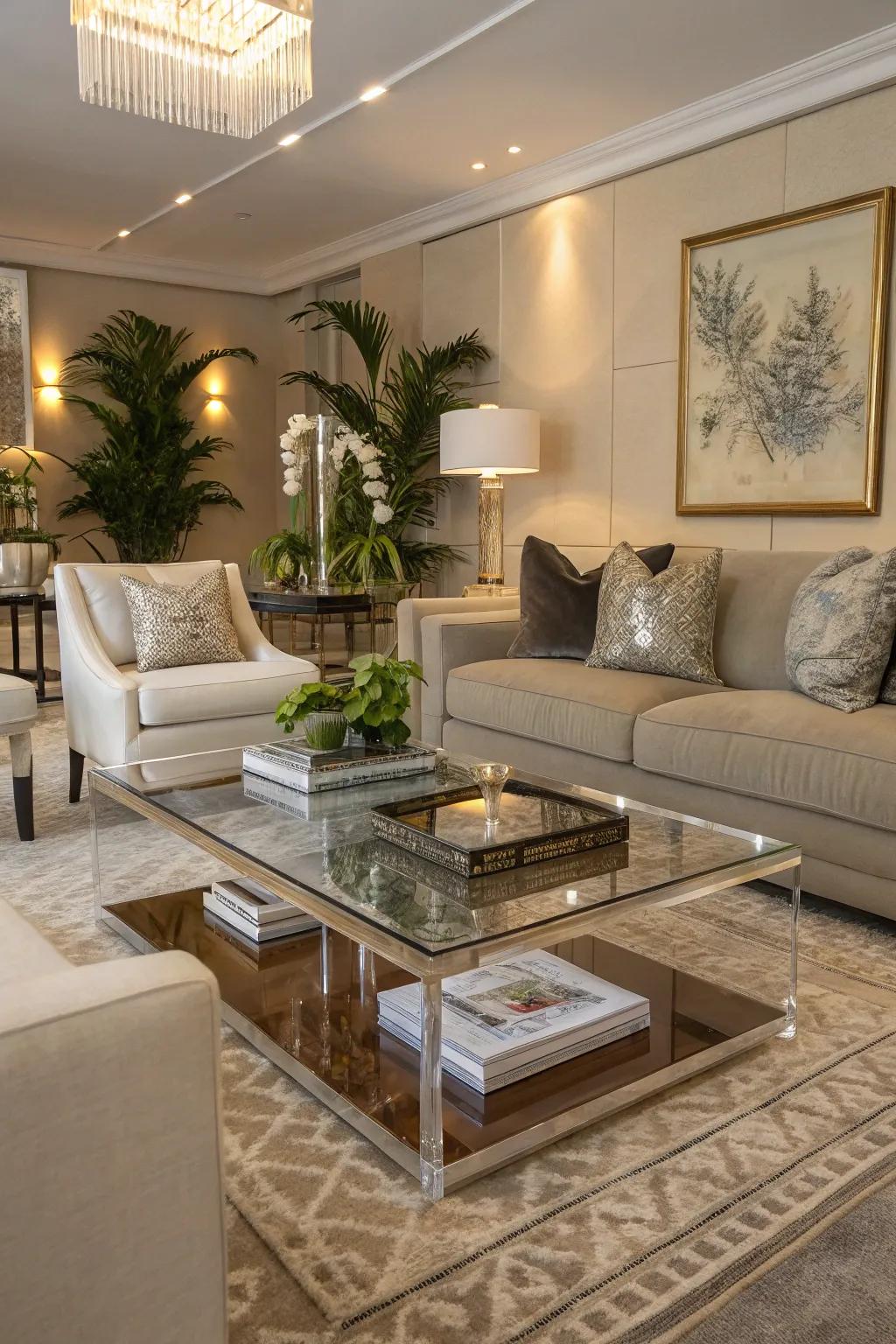 A stylish poly-methylmethacrylate coffee table enhances any living room design.