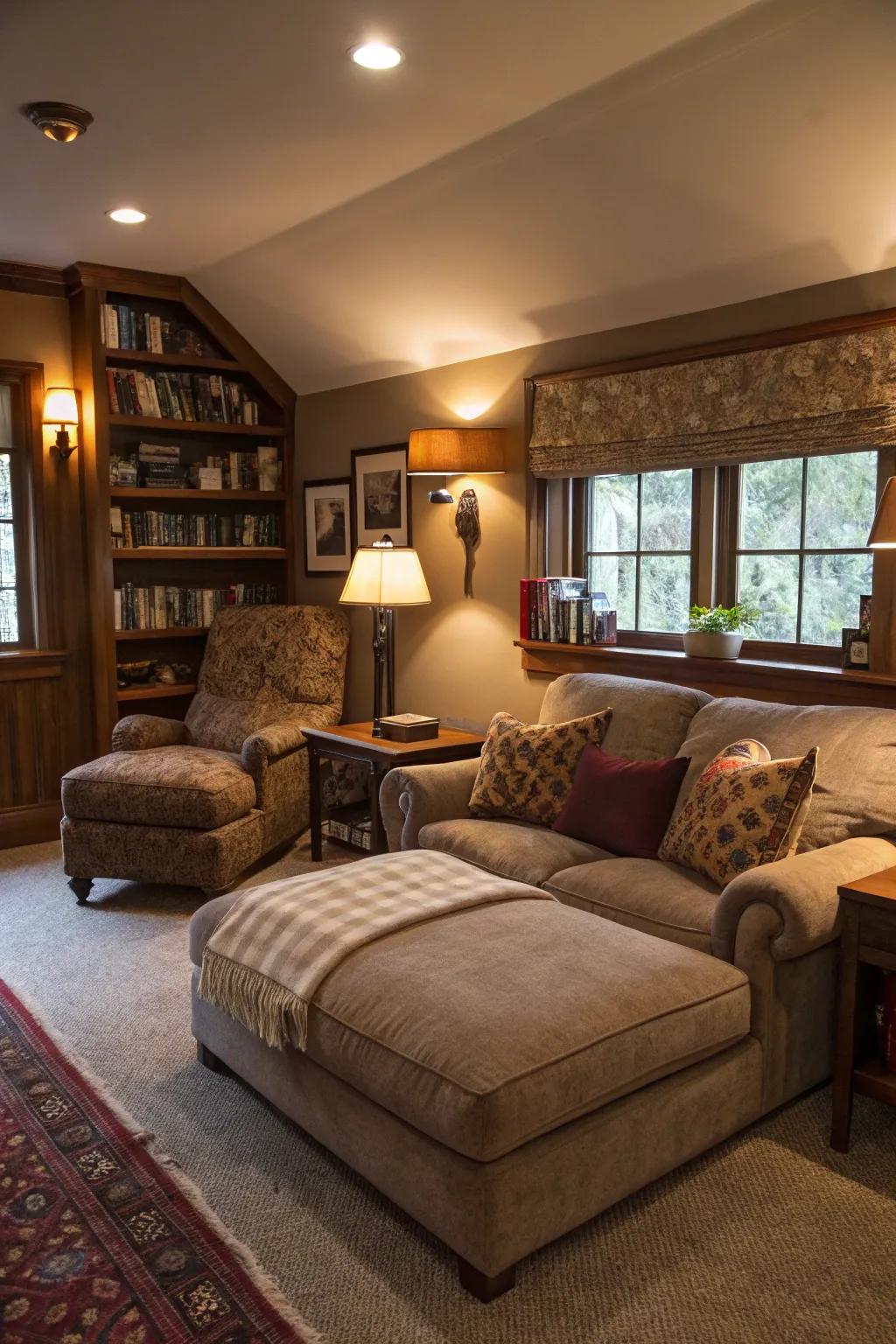 A comfortable seating area featuring plush seats and an elegant chaise lounge.