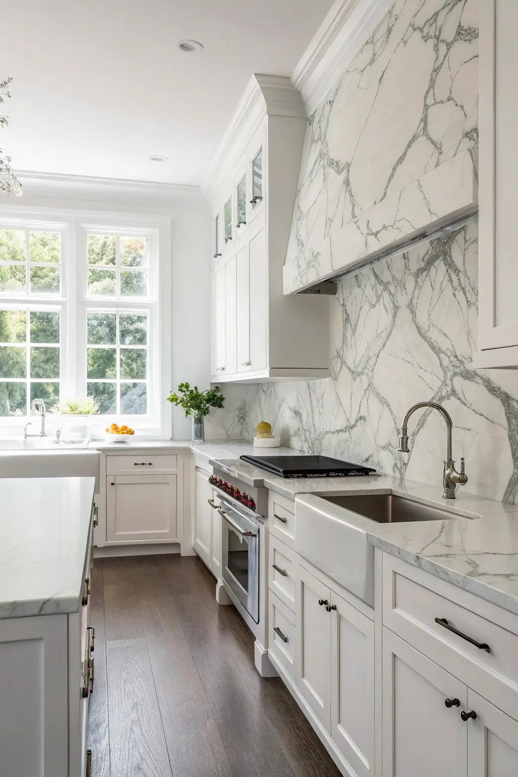 A kitchen that showcases a classic ivory stone panel, radiating refinement and ease.