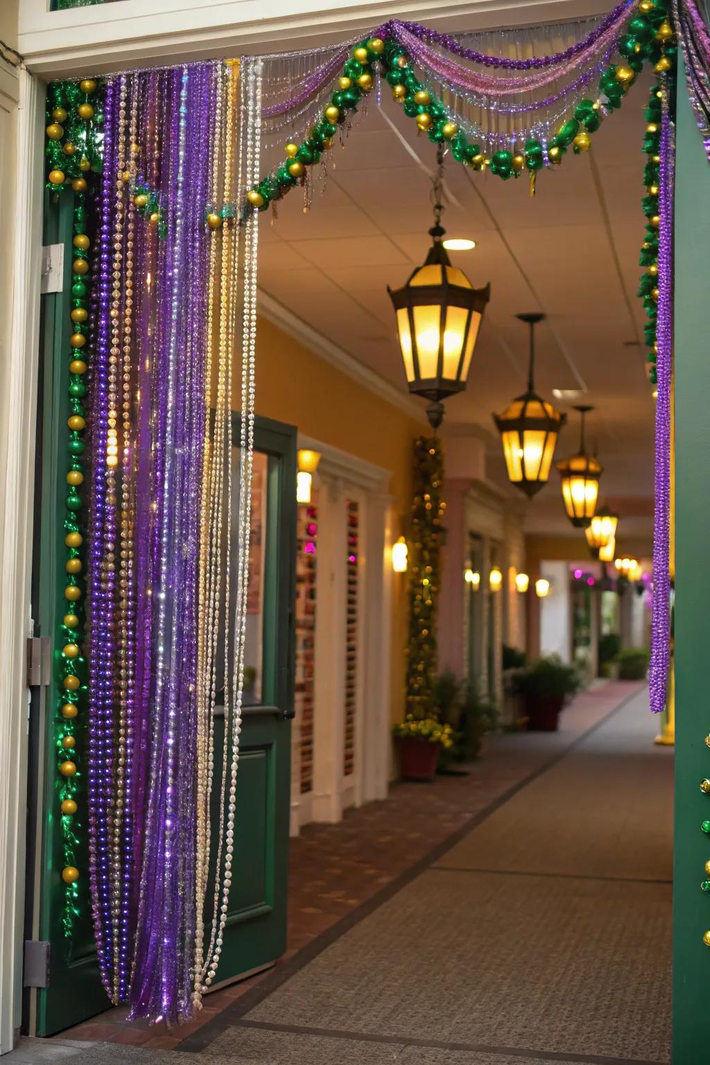 A welcoming bead curtain in Mardi Gras colors sets the festive tone for the party