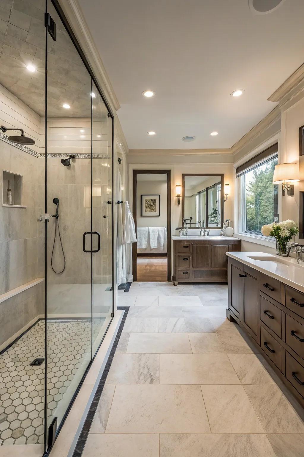 A spacious walk-in shower that emphasizes luxury and relaxation.