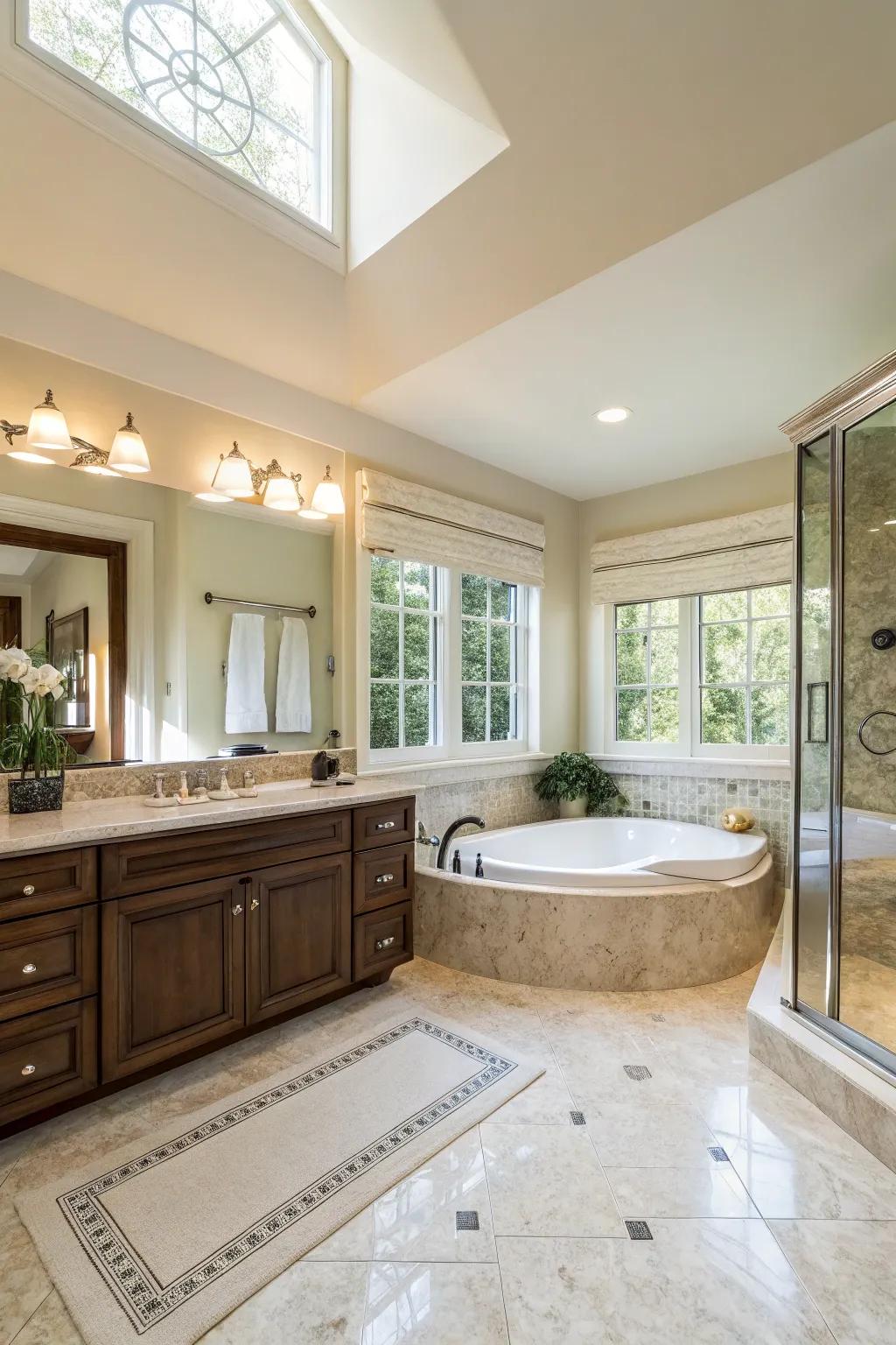 A master bathroom with a spacious layout that highlights the central jacuzzi tub.