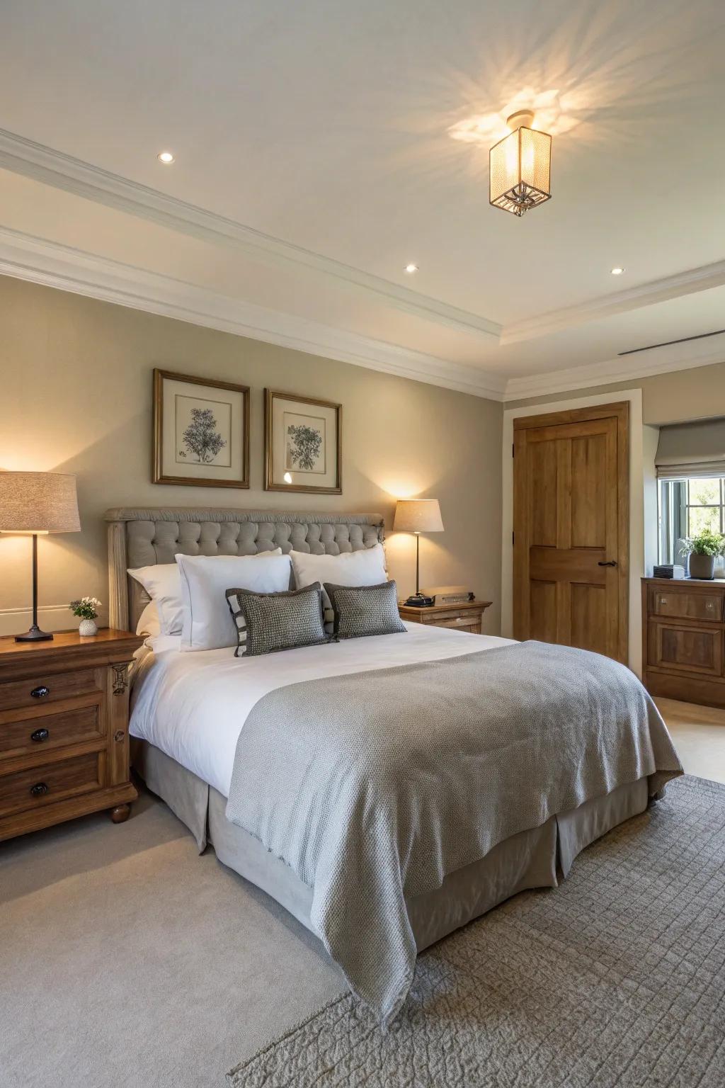 A master bedroom showcasing a calming neutral color palette.