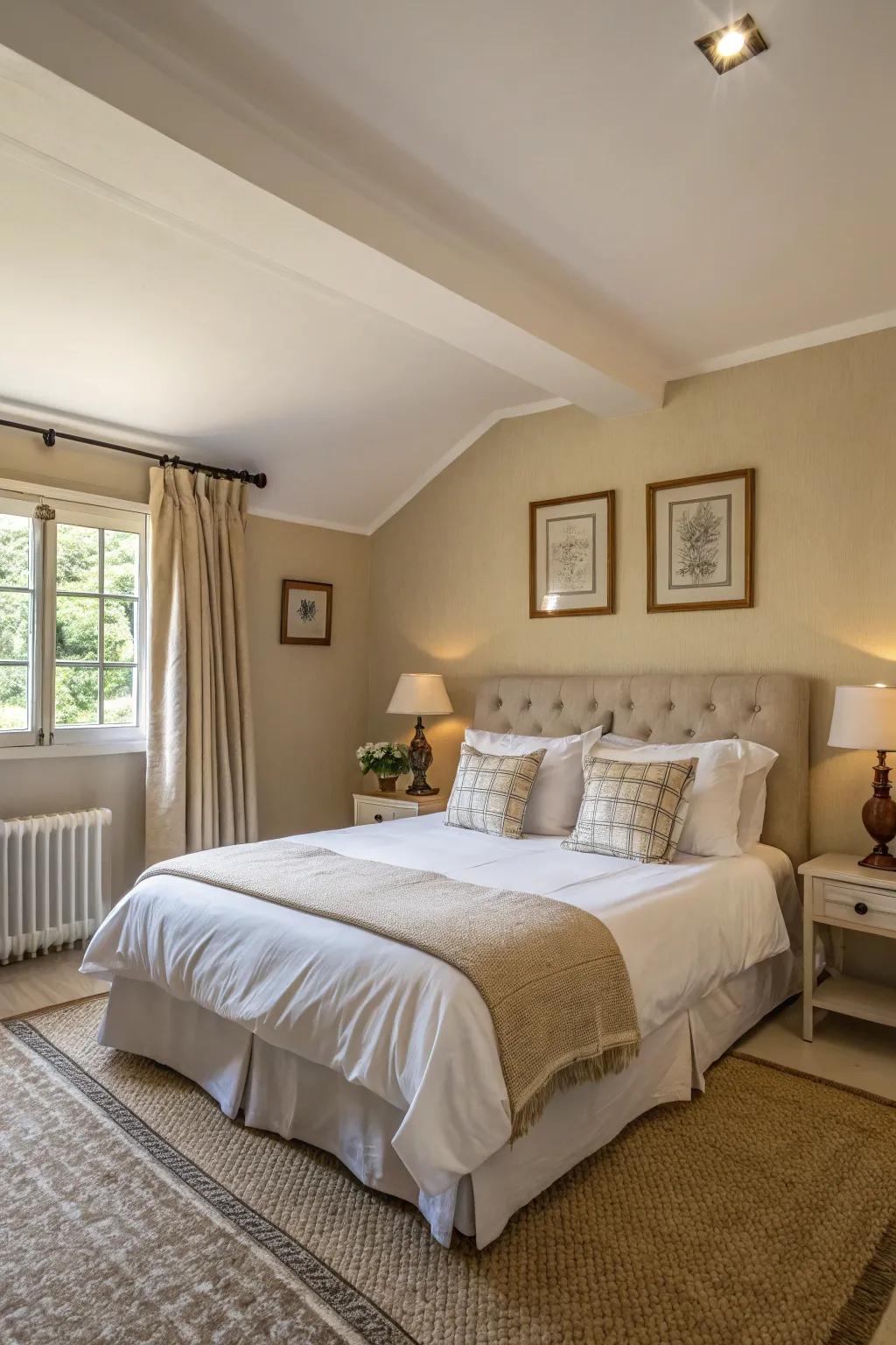 A serene bedroom featuring ivory walls and white bedding.
