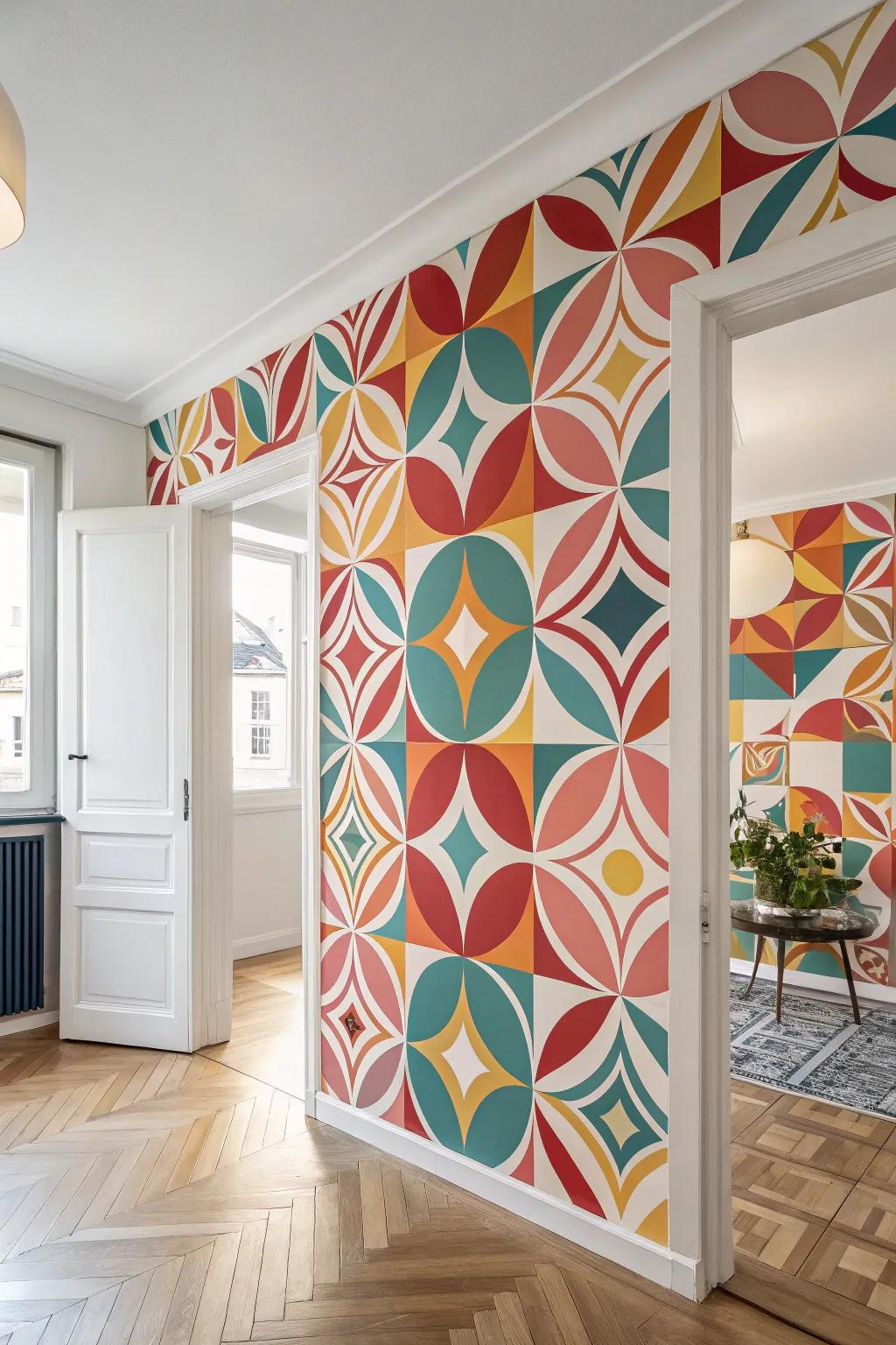 A setting showcasing striking geometric mid-century wallpaper featuring abstract designs.