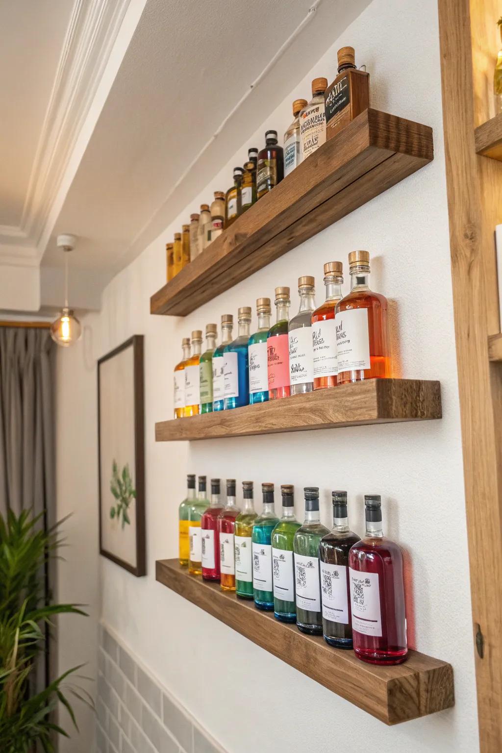 Floating shelves elegantly displaying a collection of mini liquor bottles.