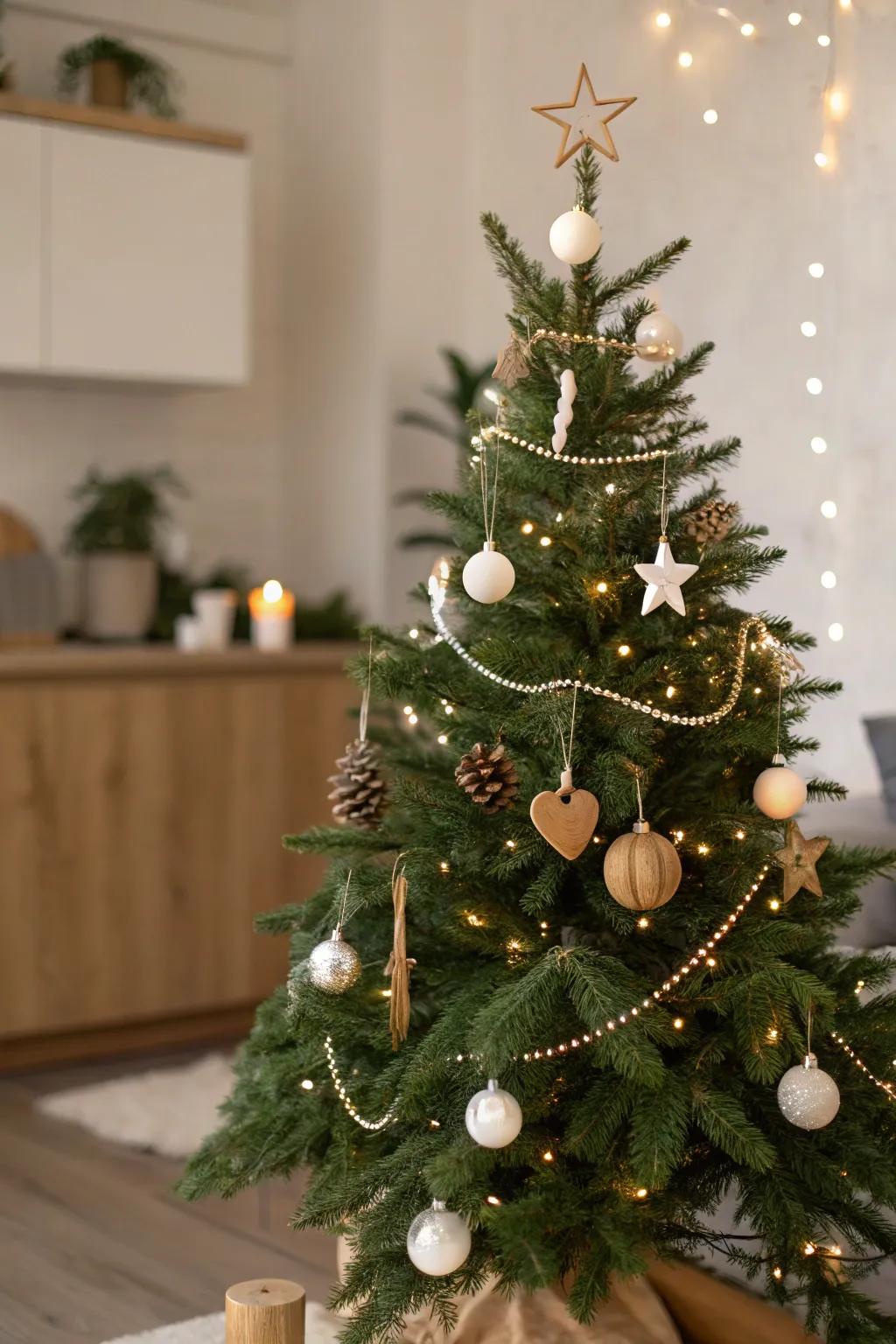 A simple natural Christmas tree adorned with minimal decorations for a clean and elegant look.