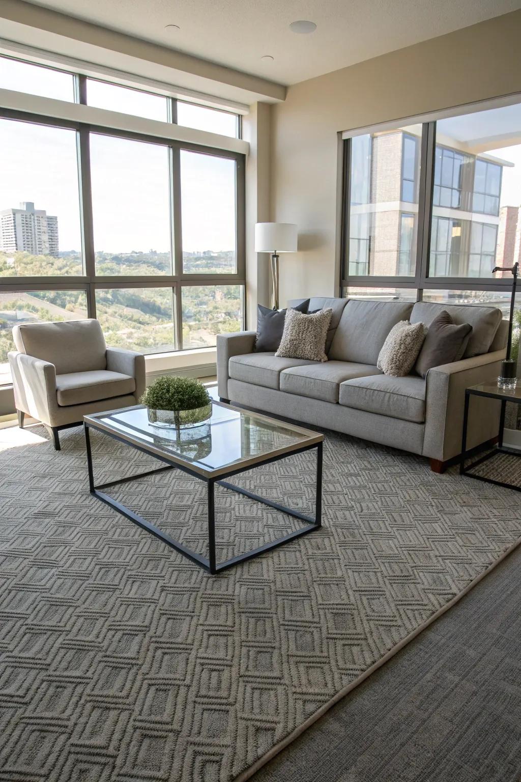 Living room with a neutral gray and beige carpet enhancing the modern decor