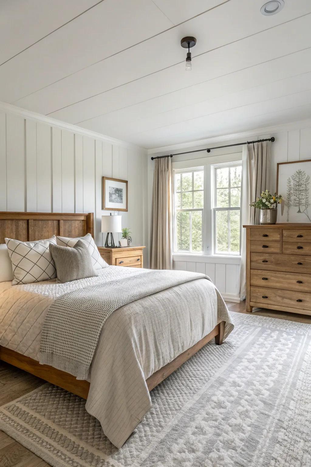 Neutral tones provide a calm and serene atmosphere in this farmhouse bedroom.