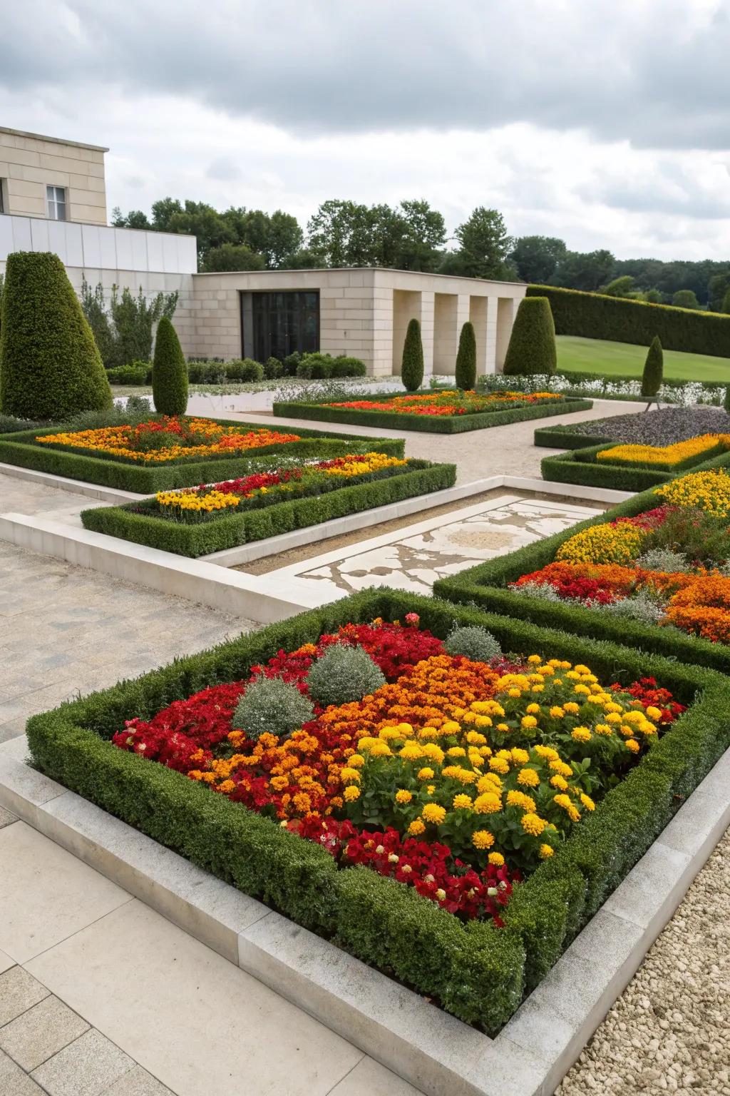 Geometric flower beds creating a structured and modern look.