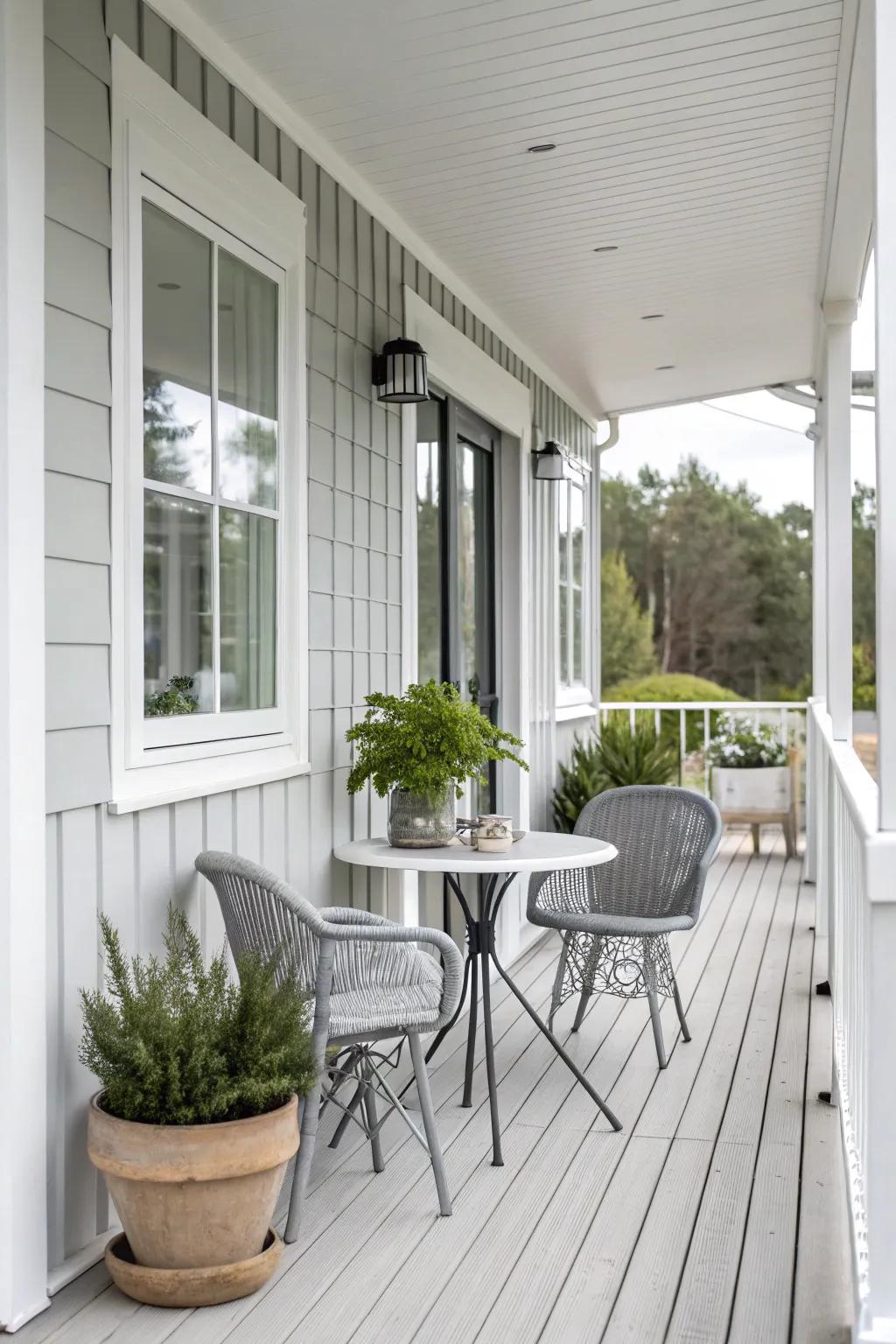 A modern porch embracing a neutral color scheme with simple elegance.