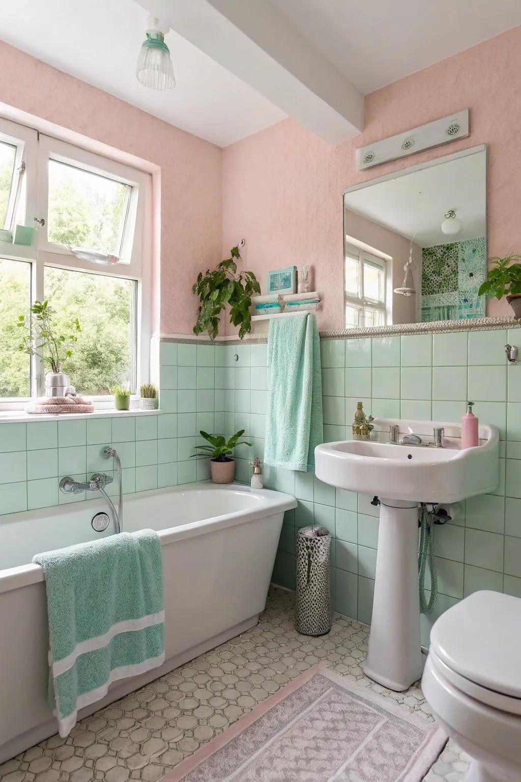 A bathroom featuring a soft pastel palette with blush pink walls and mint green accents.