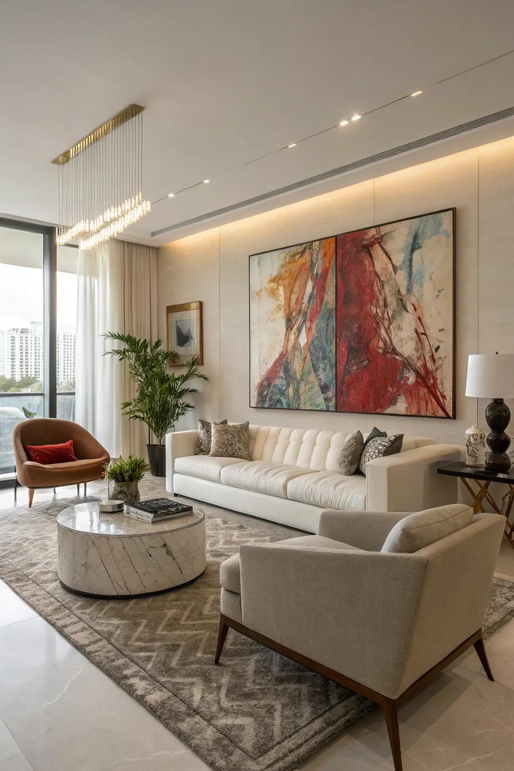 A large abstract painting serves as a vibrant focal point in a modern living room.