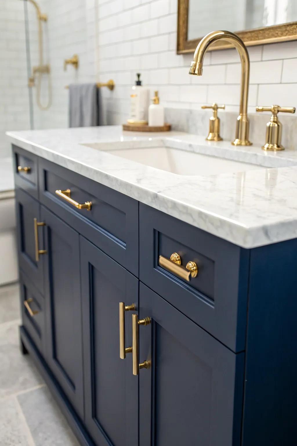 A navy blue vanity paired with brass fixtures creates a striking contrast.