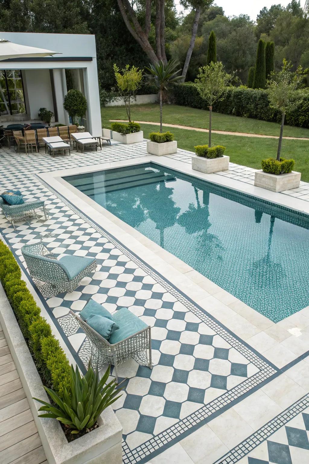 Geometric tiles bring a sleek, modern touch to any pool design.