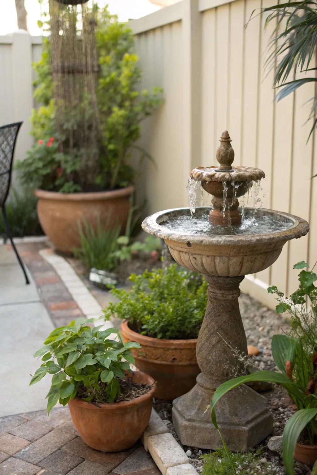 A serene nook featuring a calming water fountain and lush foliage.