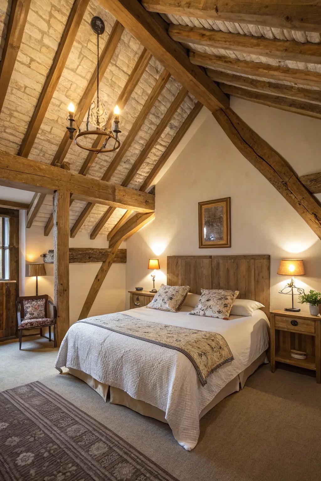 Exposed wooden beams add rustic charm and authenticity to a modern Spanish bedroom.