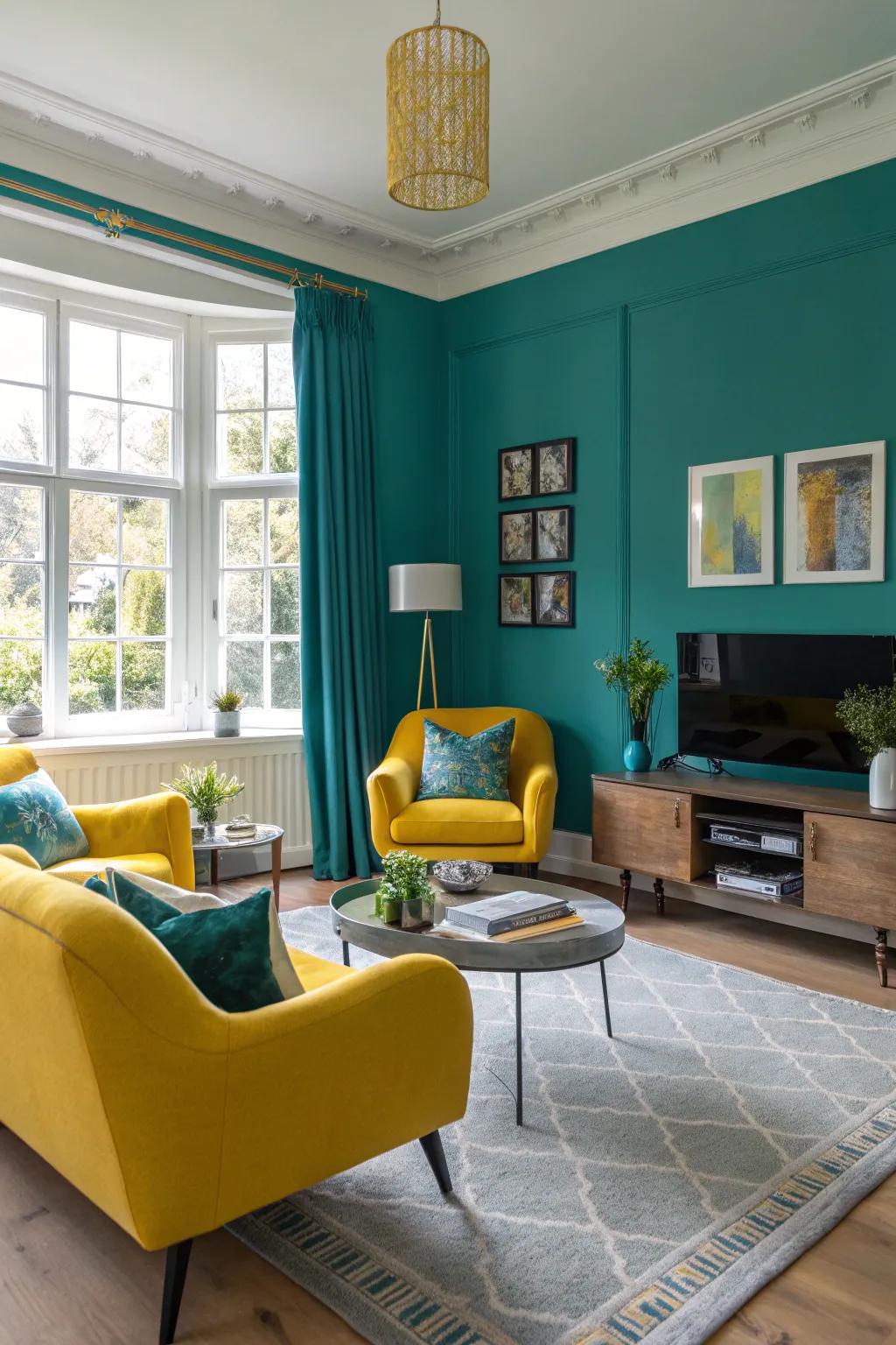 Cerulean walls offer a serene canvas for lively highlights.