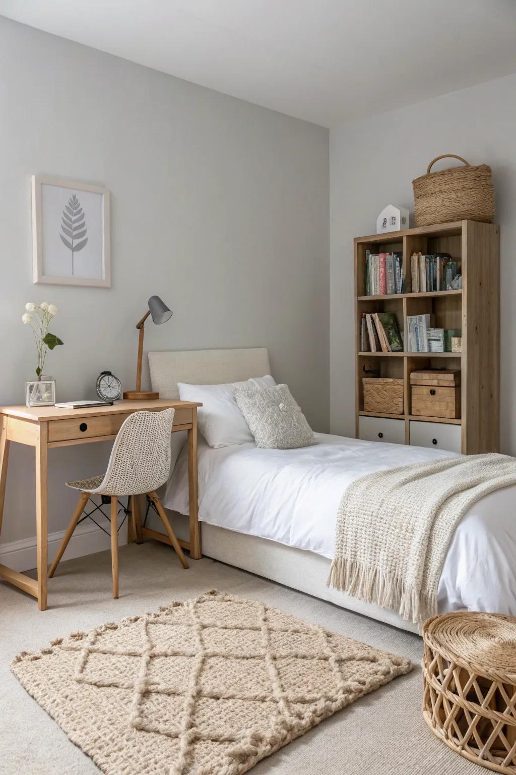 A minimalist bedroom enhanced with subtle textures for added depth.