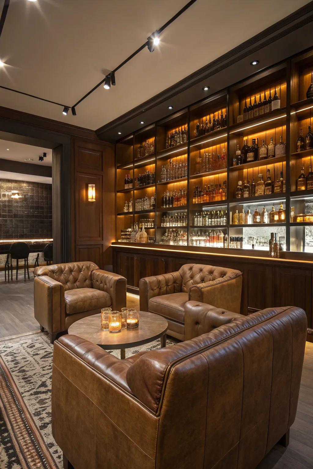 Luxurious leather seating sets the stage for relaxation in your whiskey room.