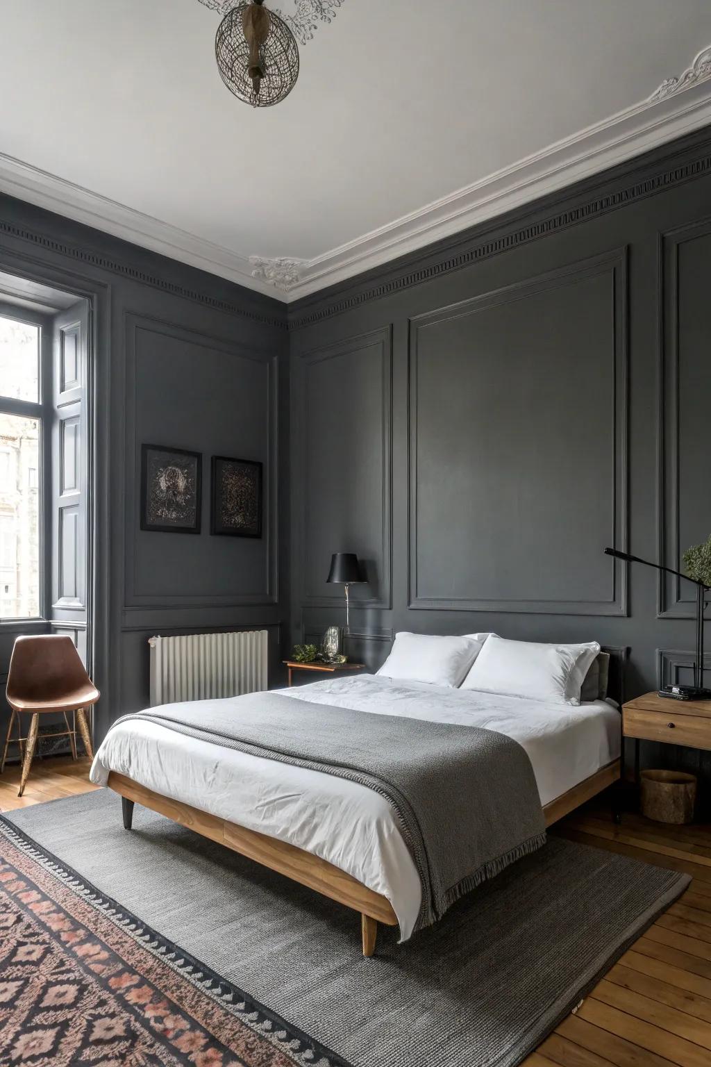 A bedroom with charcoal painted walls and minimalistic decor.