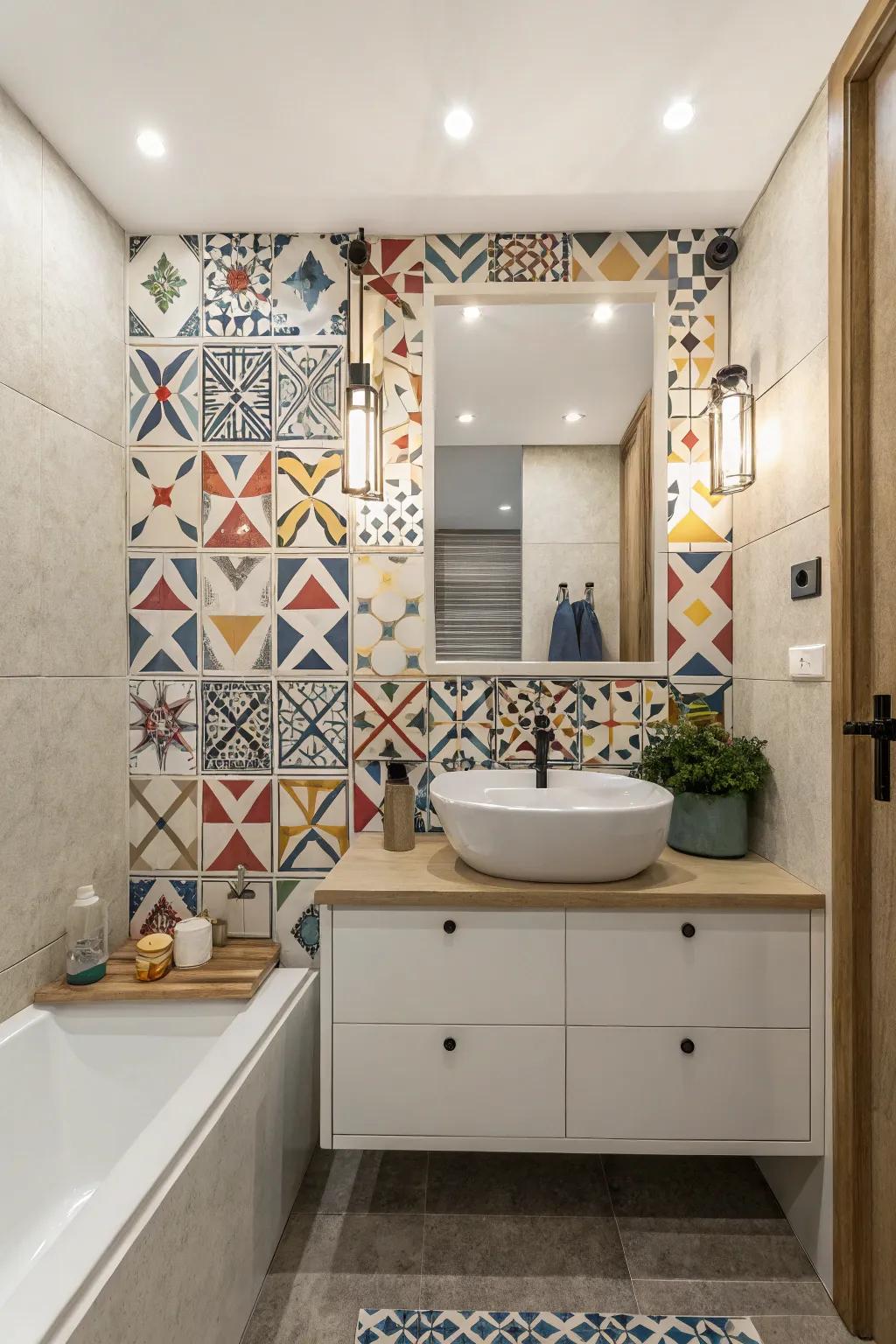 A bathroom featuring modern geometric pattern mosaic tiles.