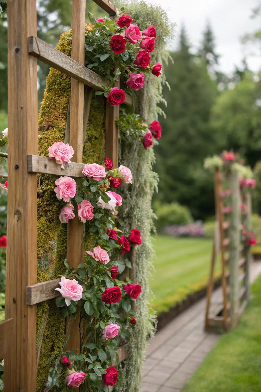 Moss roses cascading down a wooden trellis.