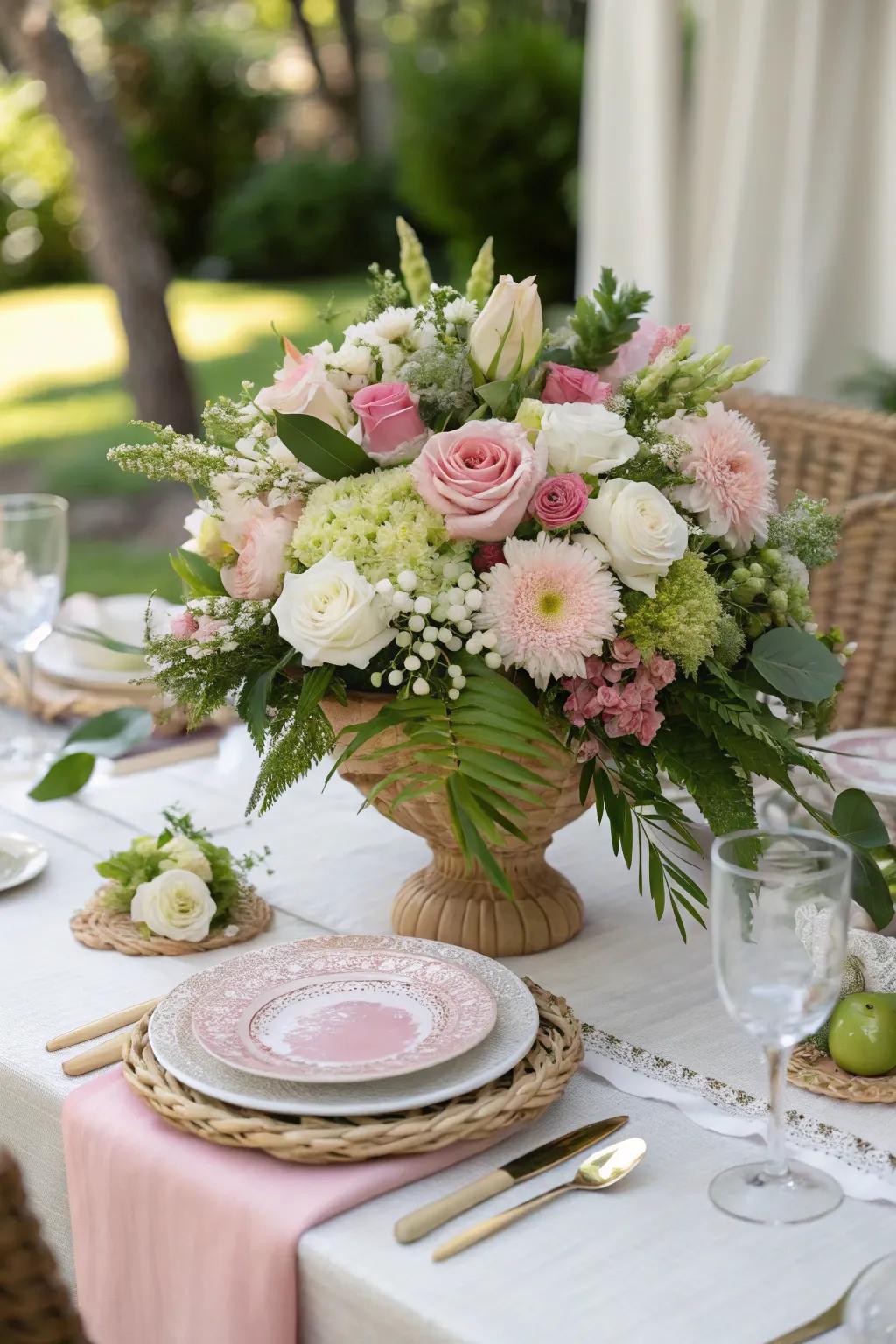 A captivating floral centerpiece for a Mother's Day brunch.