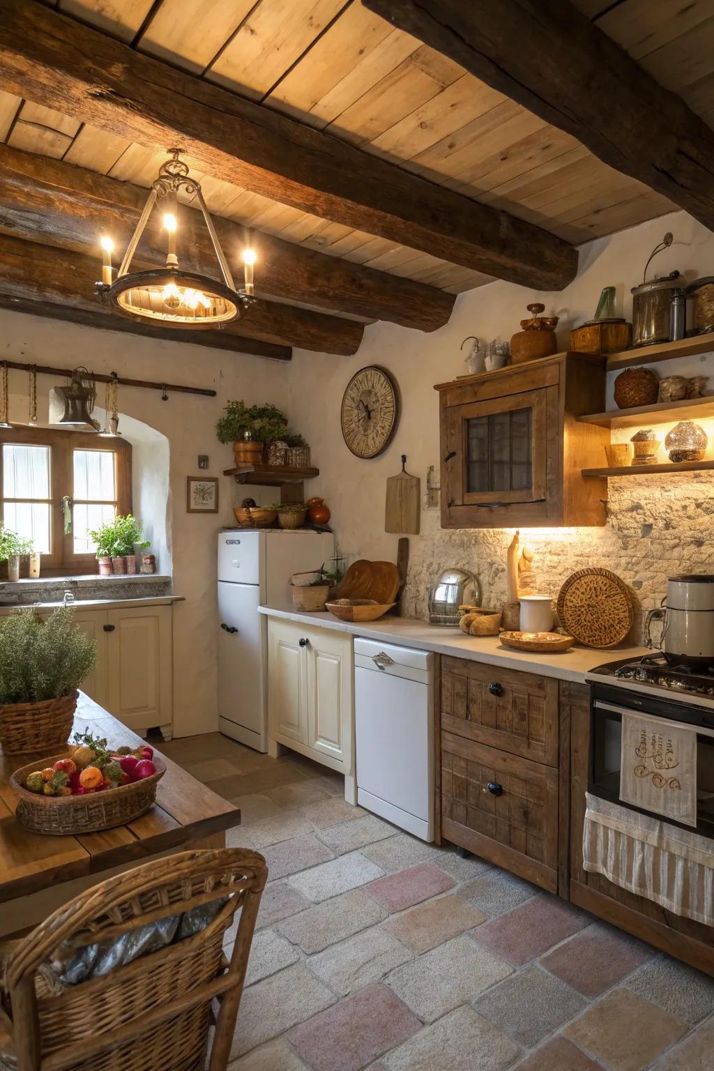 Exposed wooden beams add rustic charm and warmth to this mountain kitchen.